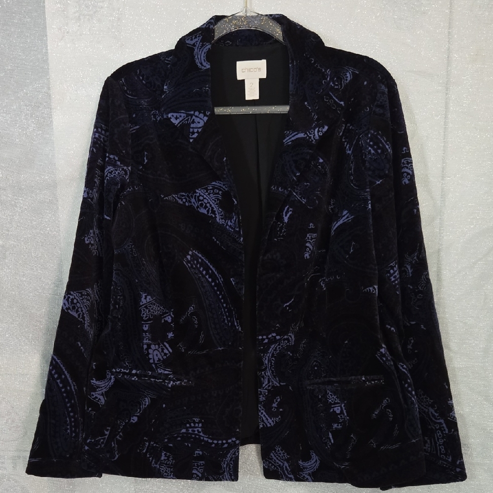 Chico's Black and Blue Velvet Blazer with Paisley Pattern